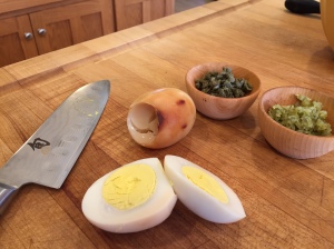 Gribiche is blended hard-boiled egg yolks with oil, then capers, herbs, and whites.